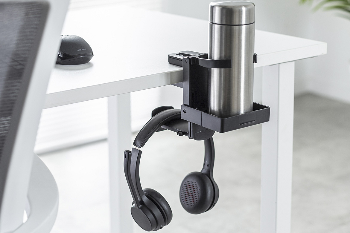 サンワサプライ、2台掛け対応のヘッドホンフック。ドリンクホルダーや
