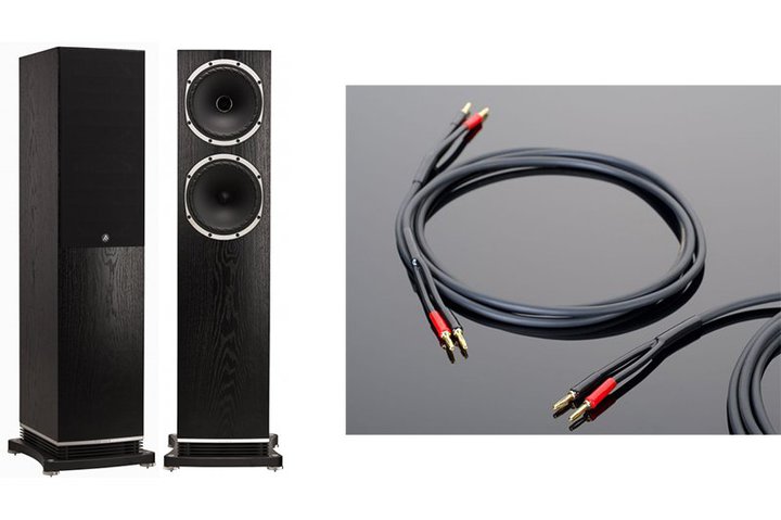Fyne Audio�̃X�s�[�J�[�uF502�v�w���Ńg�����X�y�A�����g��SP�P�[�u�����v���[���g�B�撅50������
