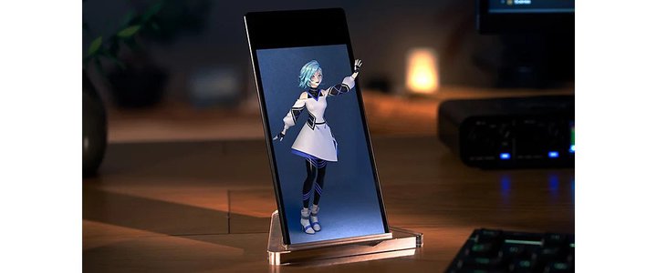�\�j�[�̗���3D�f�B�X�v���C�ɑ��T�C�Y��6�^���f���uELF-MN1�v�B�X�}�z��USB-C�P�[�u��1�{�Ōq����