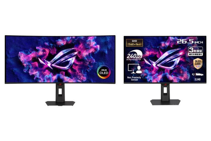 ASUS�A280Hz�Ή�34�^�E���g�����C�h��240Hz�Ή�26.5�^QD-OLED�Q�[�~���O���j�^�[�B�������x0.03ms